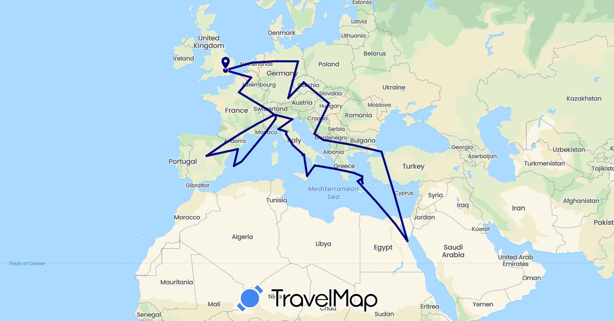 TravelMap itinerary: driving in Belgium, Switzerland, Czech Republic, Germany, Egypt, Spain, France, United Kingdom, Greece, Croatia, Hungary, Italy, Monaco, Netherlands, Turkey, Vatican City (Africa, Asia, Europe)
